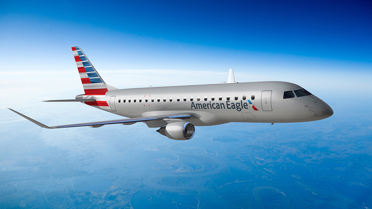 American Eagle regional jet flying above West Texas terrain